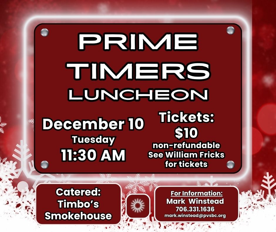 Dec. 10: Prime Timers Christmas Luncheon at 11:30 a.m.